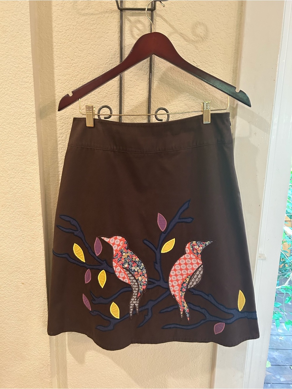 Boden Brown A-Line Skirt with Bird Appliqué